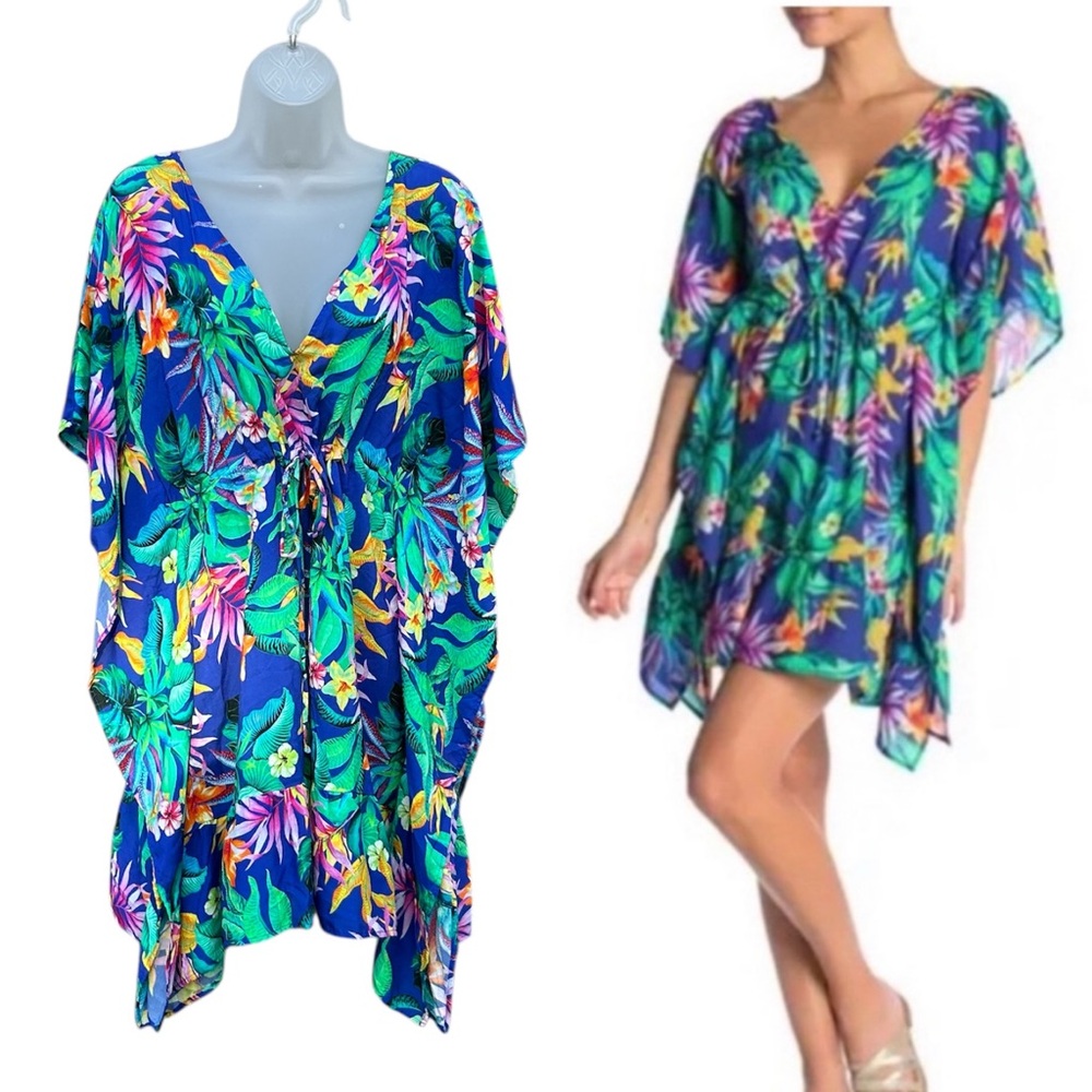 MAAJI Women S  Multicolor‎ Tropical Floral Drawstring Kaftan Swim Cover Up Dress